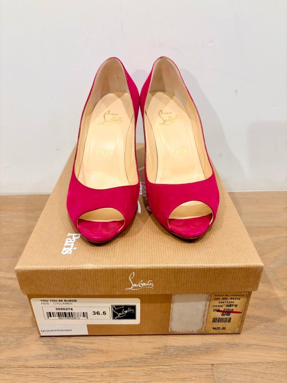 Christian Louboutin You You 85 Suede Peep-Toe Pumps Cyclamen Pink Heels